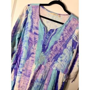 Soft Surroundings Blue Purple Watercolor Print Linen Blend Maxi Dress 2DC15 med